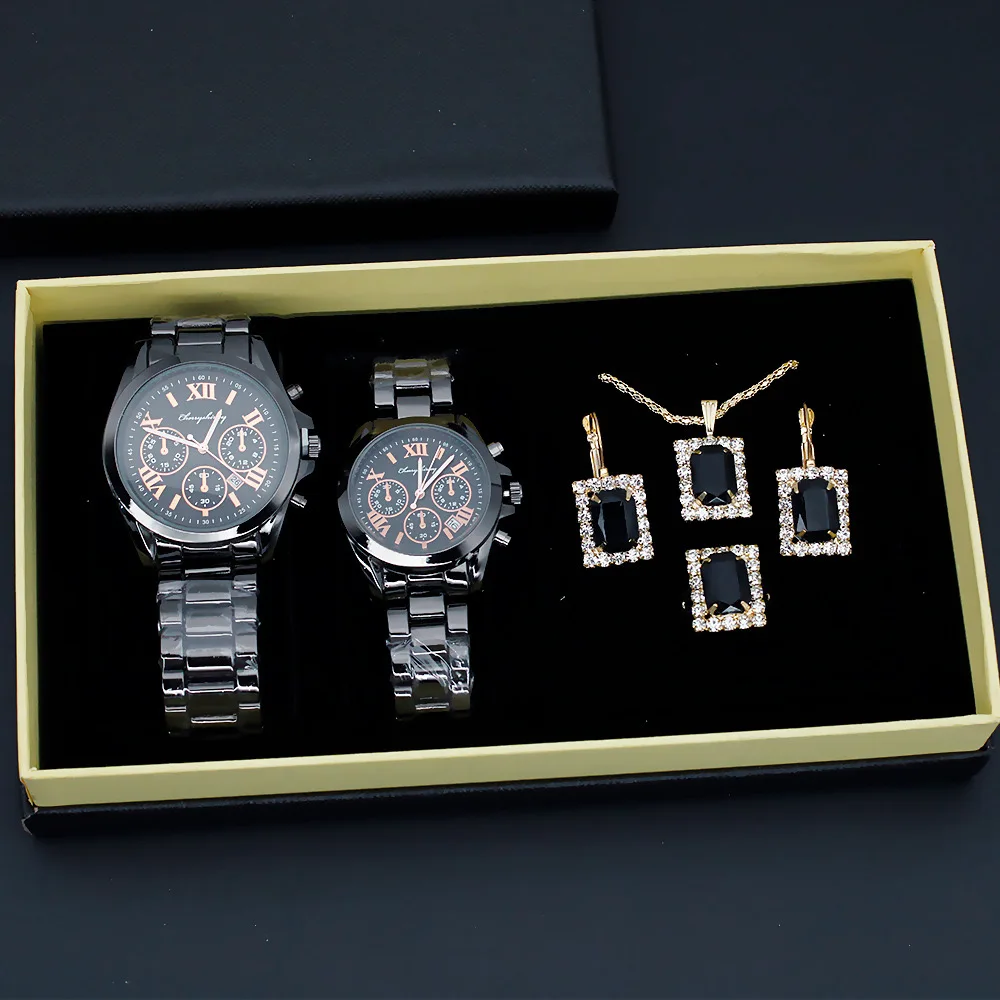 6Pcs Lover\'s Watch Fashion Luxury Elegant Steel Wristwatch Couple Men Women Calendar Quartz Watch With Jewelry Set Gift +Box