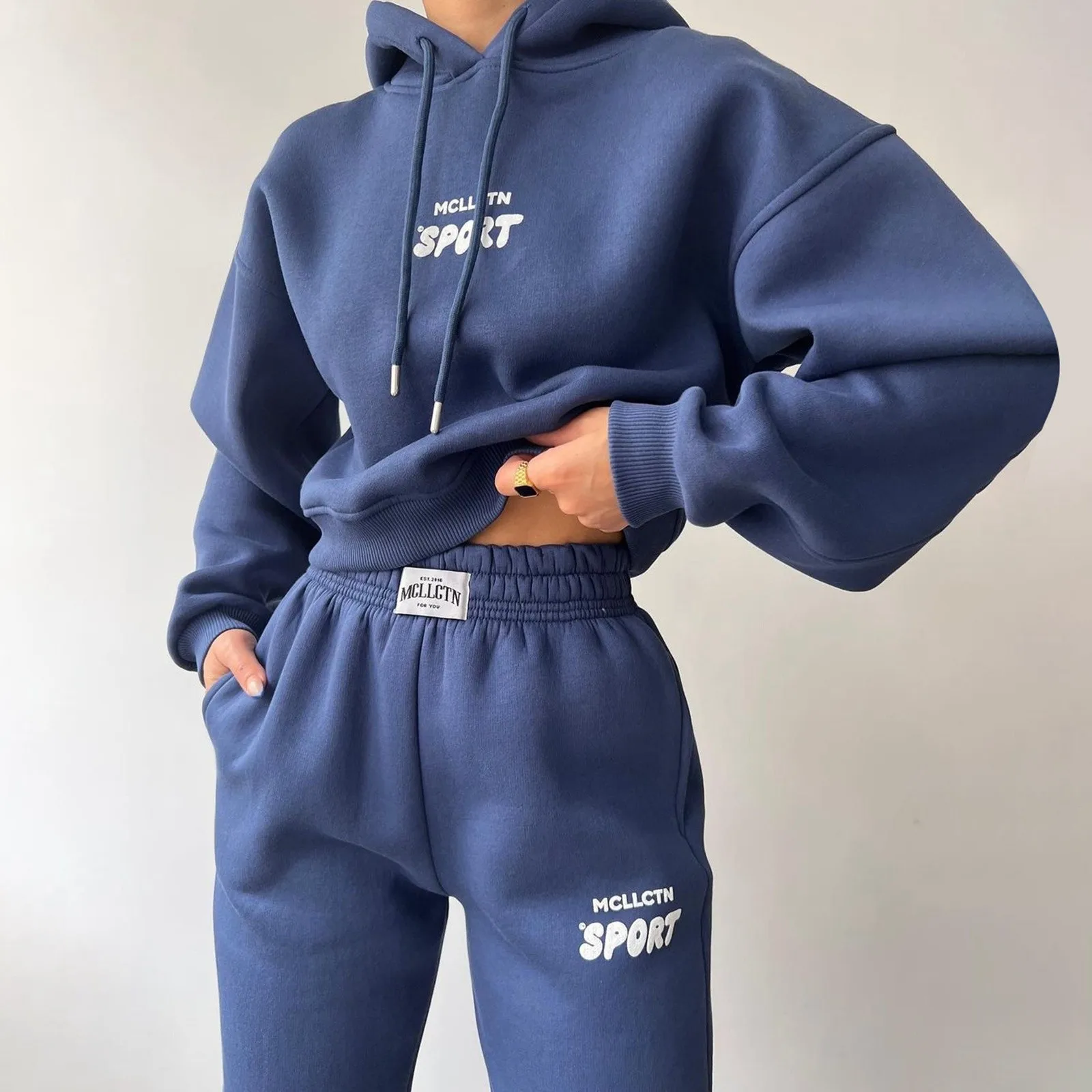 Ladies' Hooded Sportwear Two Piece Set Fleece Lined Long Sleeve Hoodie & Printed Jogger Pants Set Autumn Winter Outfits костюм