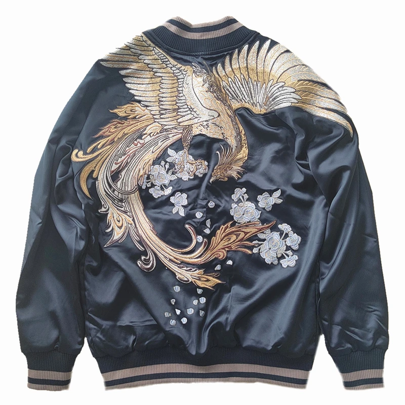 Black Phoenix High Street Vintage Classic Men Boys Champagne Plus Size Suzaku Heavy Work Embroidered Sukajan Souvenir Jacket