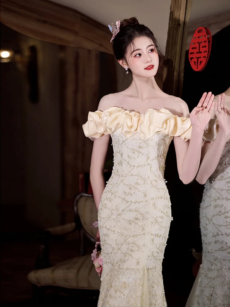 

Ele One-oulder Wedding Dr 2025 New Luxury Engagement Evening Gown Women High-End Feeling Marriage Tail Skirt