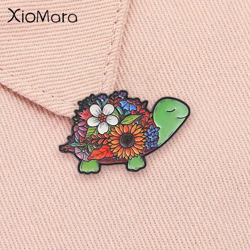 Cute Flower Turtle Badge Colorful Wildflower Sunflower Shell Tortoise Cartoon Animal Enamel Pin Fashion Jewelry Gift for Friends