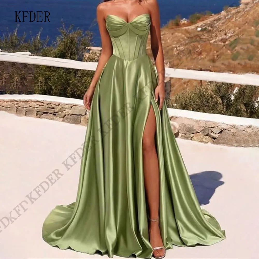 

Green Long Satin Modern Evening Dresses A Line Sweetheart Elegant Party Attire Sleeveless Split Floor Length Dress Customized