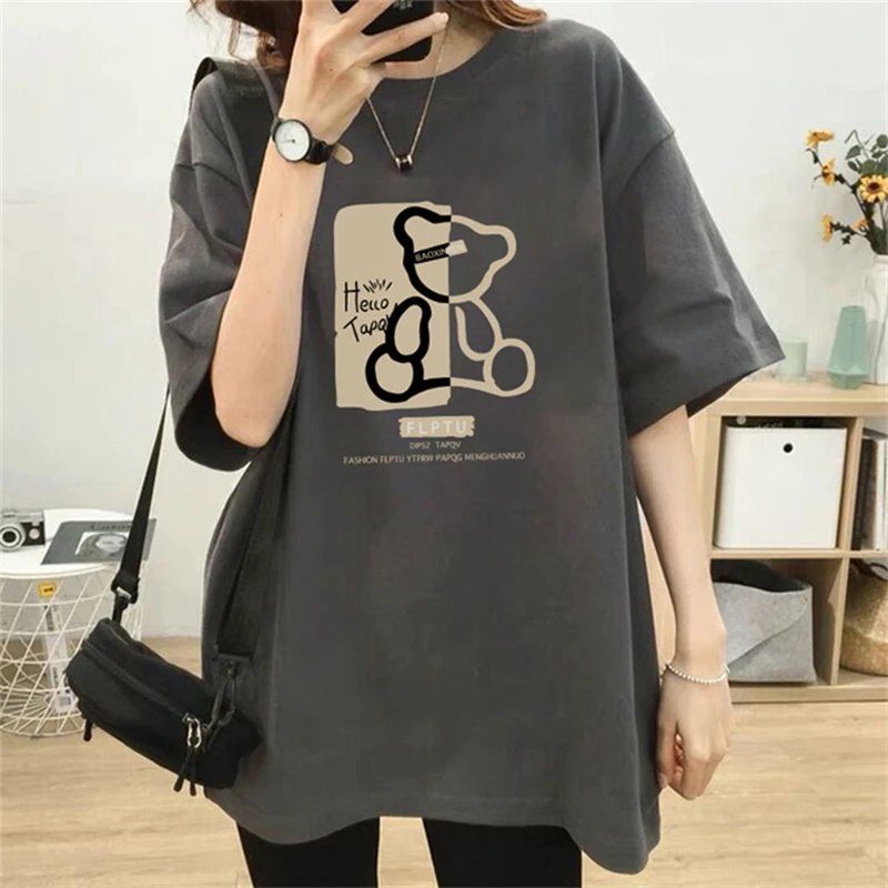 Summer T-shirt Loose O-neck Women\'s Tops Cute Bear Print Oversize Short Sleeves Tees Harajuku Girls Plus Size T-shirts M-5XL