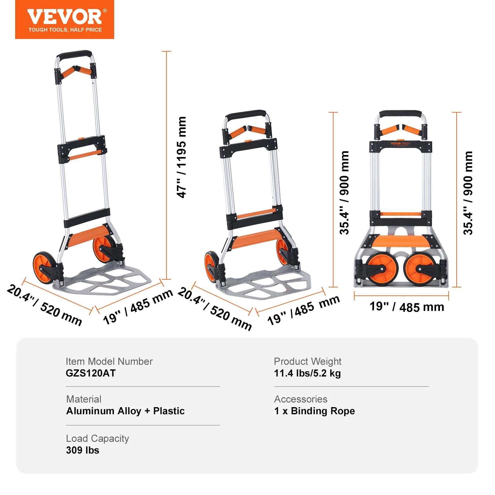 SucceBuy 275/309 lbs opvouwbare steekwagen, draagbare eenheidskar, dolly met telescopisch handvat en bindend touw voor het verplaatsen van magazijn