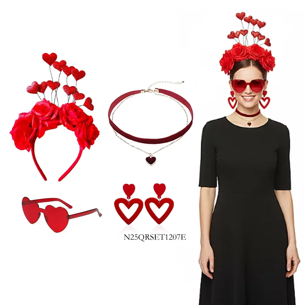 PESENAR Valentinstag Rote Rose Herz Zubehör Set Stirnband Halsband Brille Ohrringe