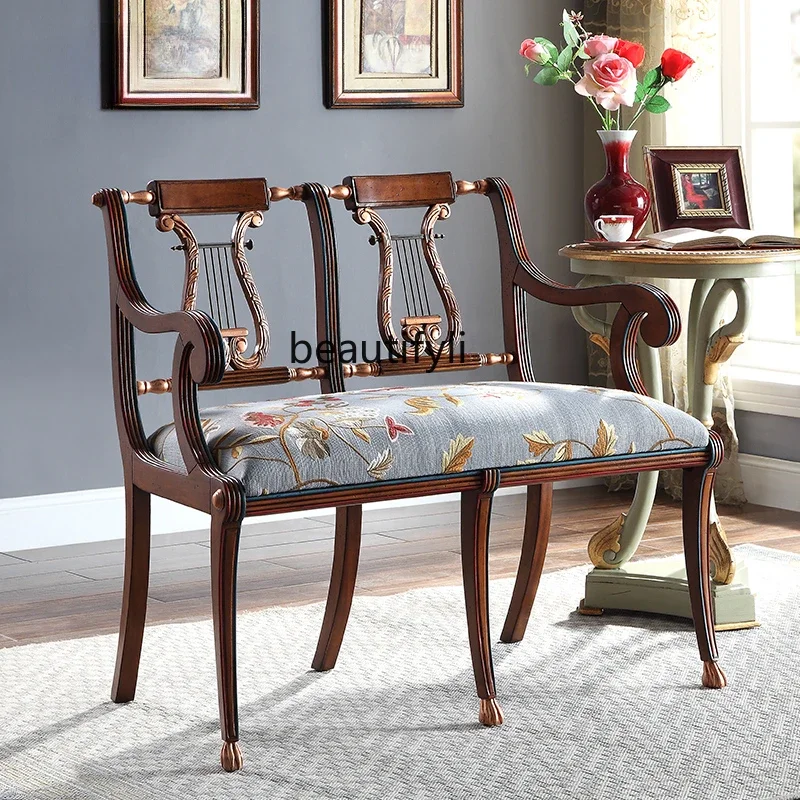 

ss7304 Retro French Fabric Leather a Double Chair Imported Mahogany Carved Antique Chair