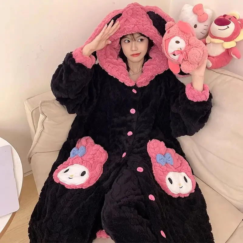 2Pcs My Melody Quilt Pajamas Kawaii Sanrio Anime Cartoon Winter Coral Fleece Thicken Nightgown Pajama Pants Girl Loungewear Set