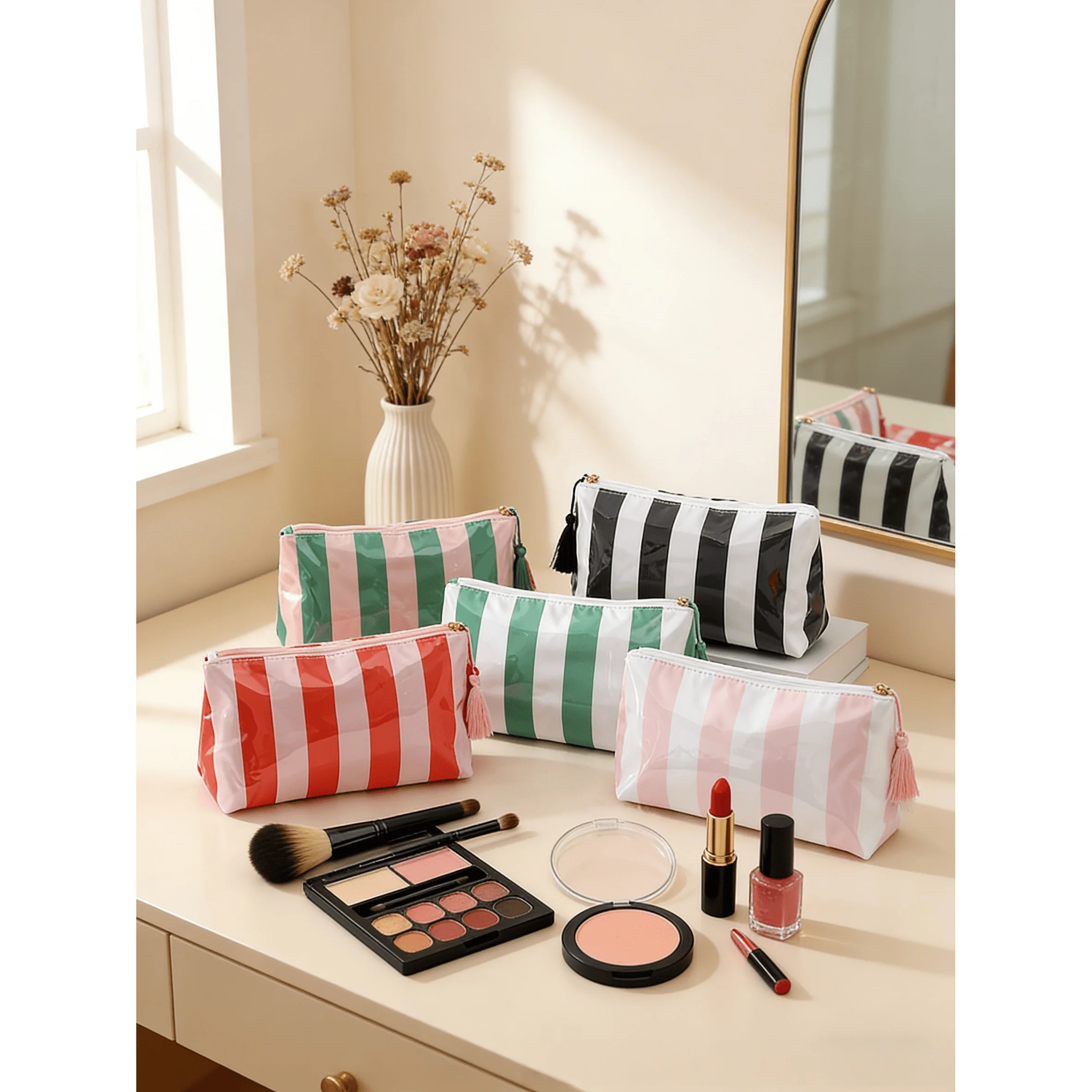 1pc Striped Cosmetic Bag Simple Large Capacity Travel Toiletry Bag, Cosmetic Storage Bag with Pendant, Smooth Zipper, Ideal Gift