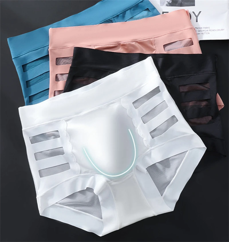 Ice silk men underwear adults 18 plus cuecas masculina 3D convex bag sexy for guys gay cueca hollow out calzoncillos hombre new