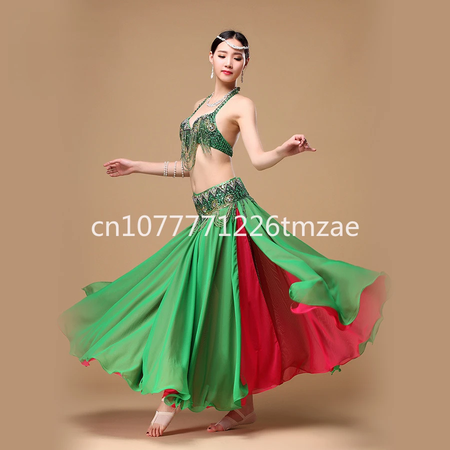 Belly Dance Costume Costume New Performance Set Pearl Embroidery Bra Two-Color Wooden Ear Skirt