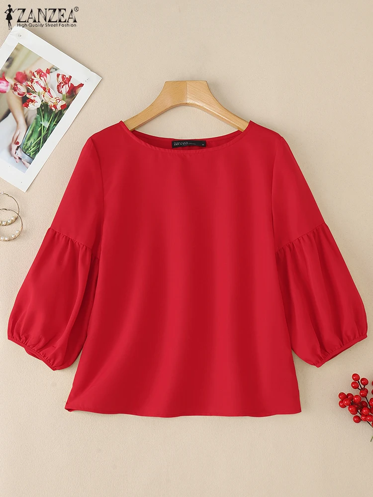 

ZANZEA женские блузки с рукавами-фонариками, осенние повседневные блузки с вырезом «лодочка», рукава три четверти, Blusas Mujer, однотонные повседневные топы
