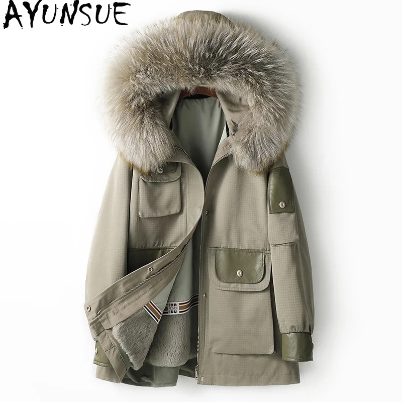 

AYUNSUE Real Fur Coat Women Winter Clothes Detachable Fox Fur Collar Mid-length Womens Parka Rex Rabbit Fur Coat Шуба Женская