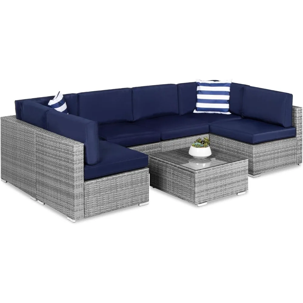 

7-Piece Modular Outdoor Sectional Wicker Patio Conversation Set w/ 2 Pillows, Coffee Table, Cover Included - Gray/Navy