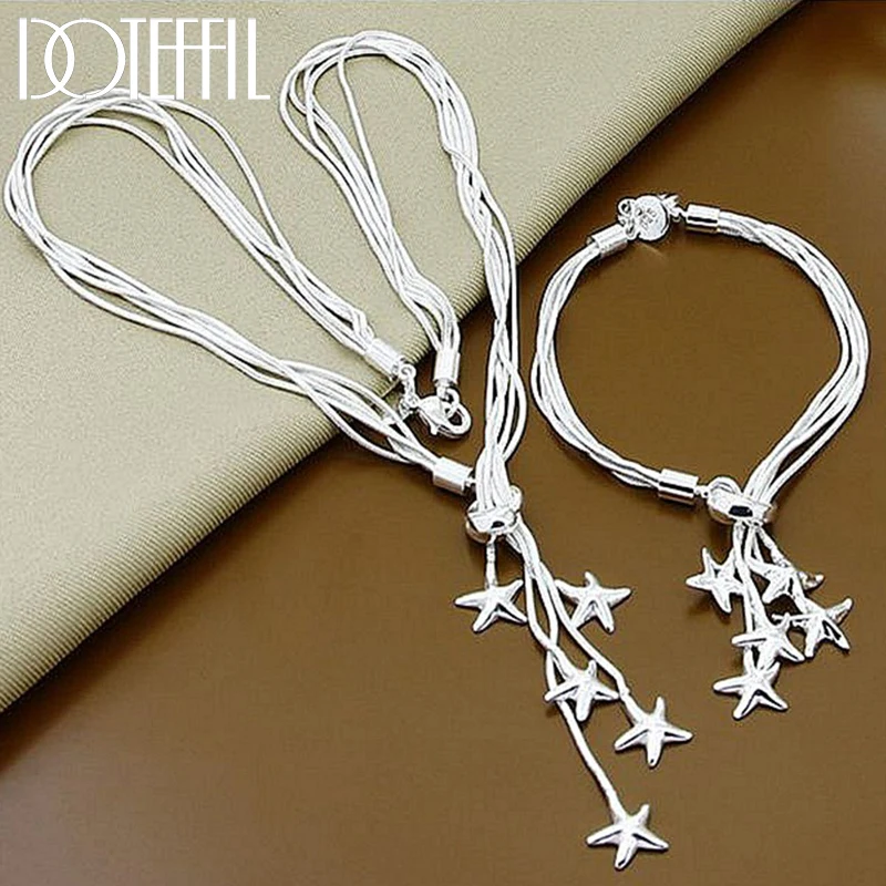 DOTEFFIL 2pcs 925 Sterling Silver Five Starfish Snake Chain Necklace Bracelet Set For Woman Man Wedding Fashion Charm Jewelry