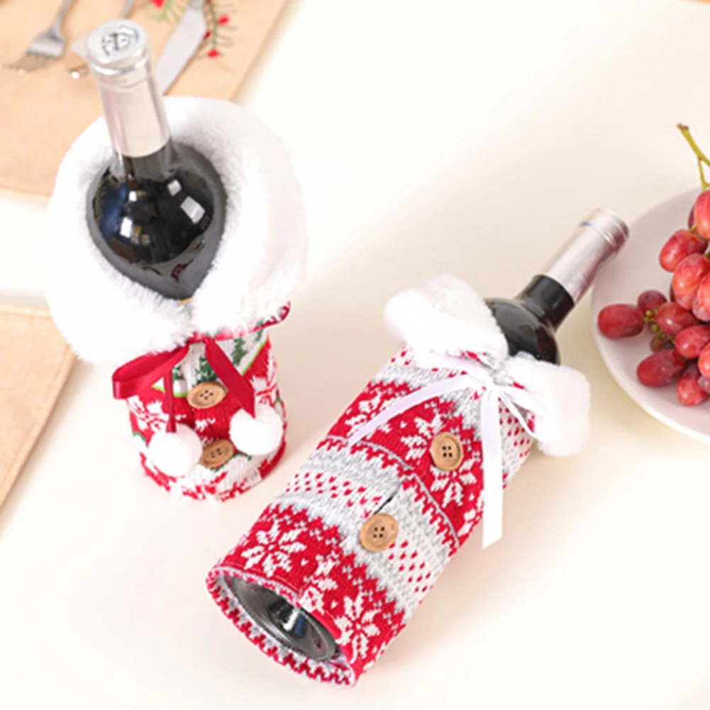 4pcs/set Knitting Wine Bottle Bags 13*23cm Reusable Material Packaging Pouch For Christmas Party Table Decorations