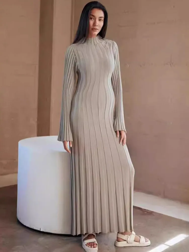 TARUXY Fall Winter New Knitted Dress Female Casual Big Striped High Collar Sweater Long Dress Elegant Flare Sleeve Party Dresses