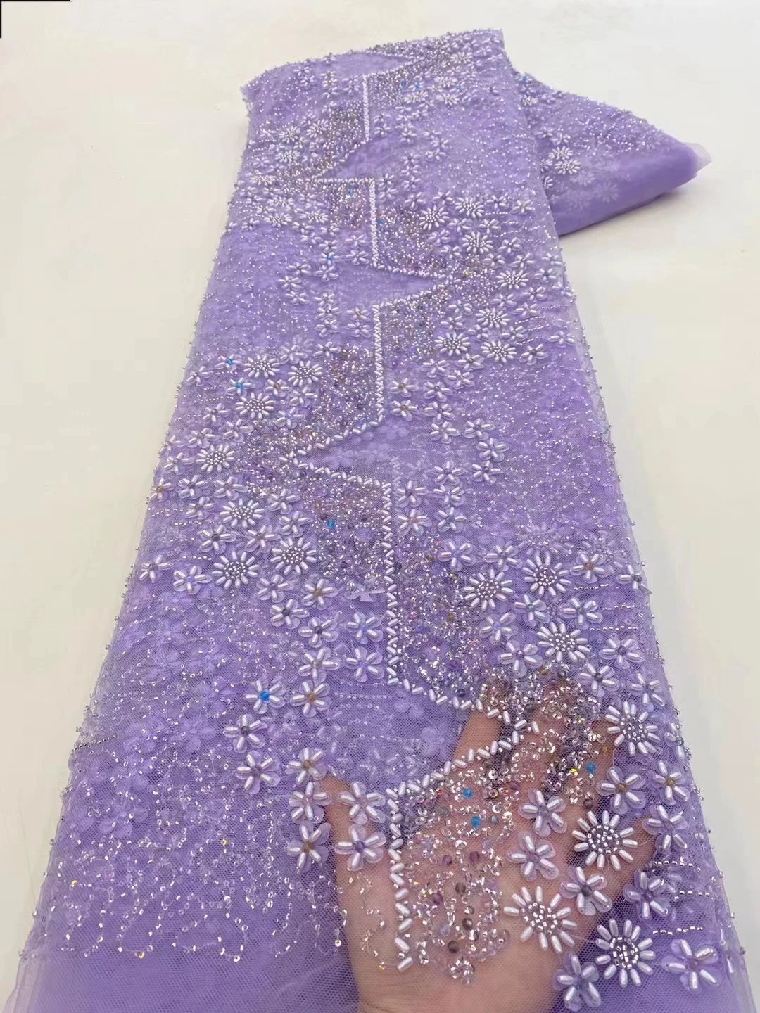 

Latest Handmade Africa Embroidered Tulle Net Fabric With Beads High Quality Luxury Sequins Net Lace For Evening Or Party Dress