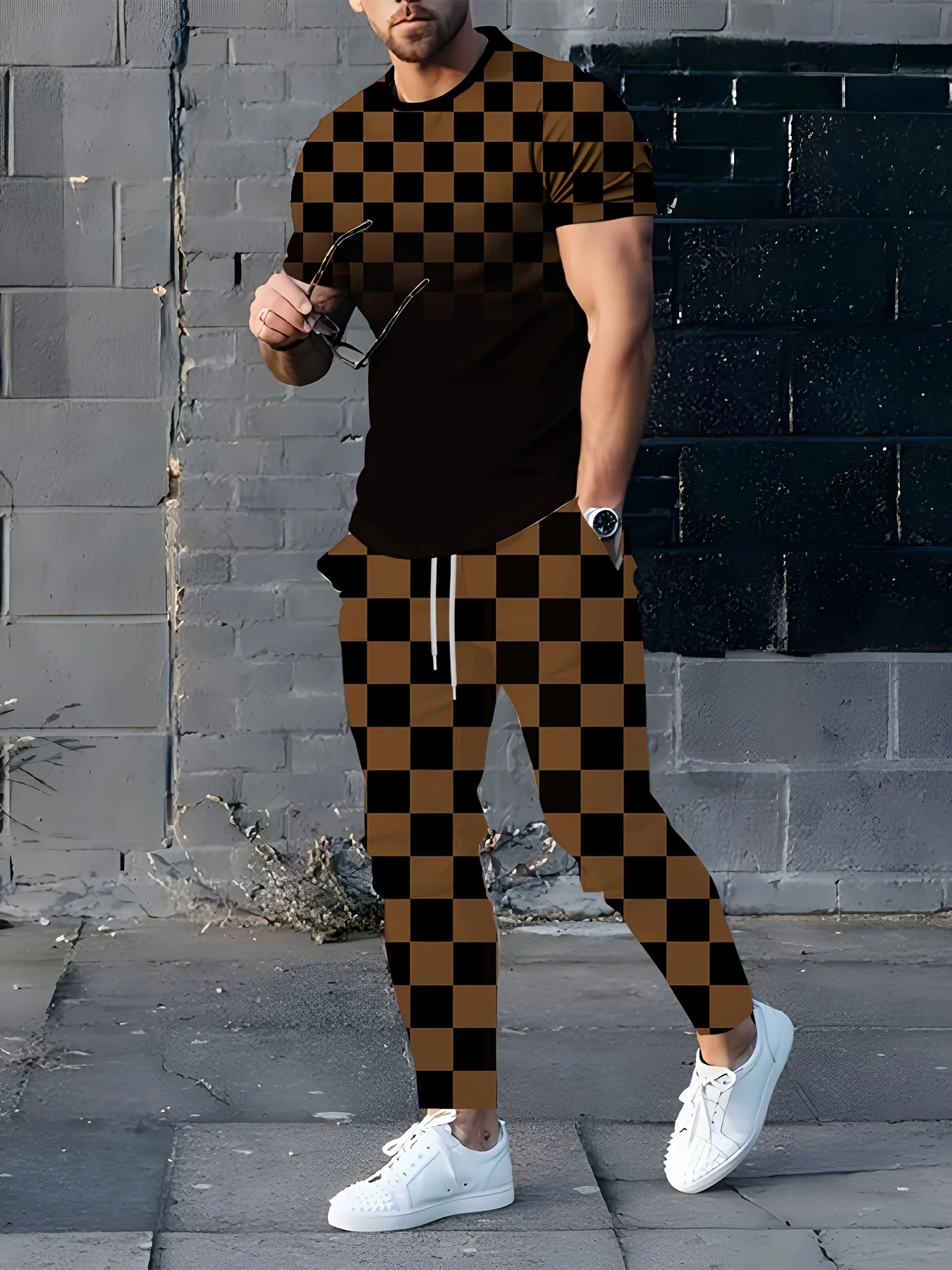 

Men's 3D Luxury Fashion Plaid Color Block Print Breathable Casual Sporty Street T-Shirt and Drawstring Pants Two Piece Set