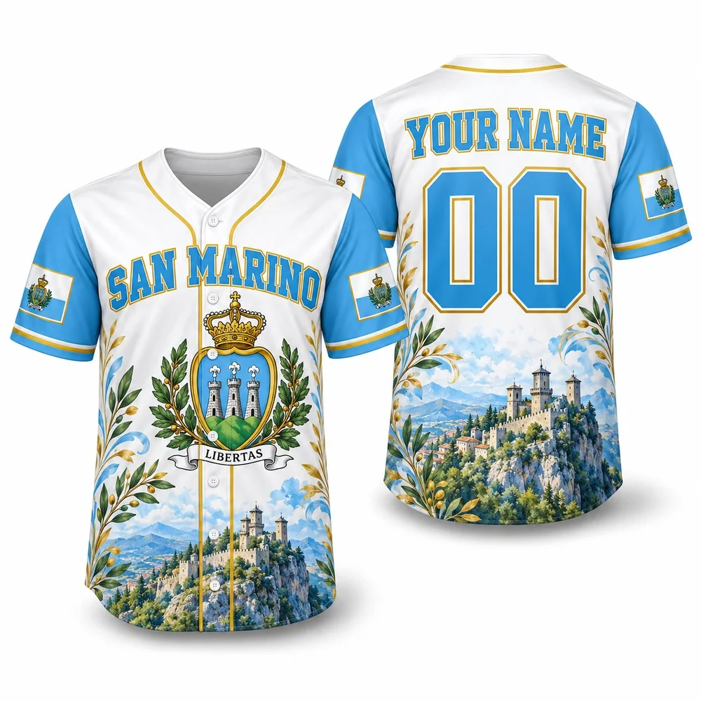 San Marino Tower Baseball Jersey White Blue Jerseys Shirt for Travel Name Number Art Bold Medieval Landscape Mens Shirts