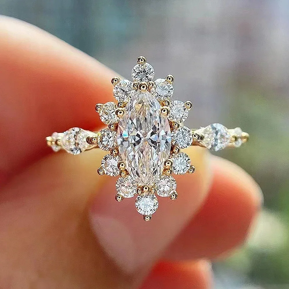 New Sparkling Gold Color Cubic Zirconia Rings  Trendy Engagement Wedding Bands Women Accessories Luxury CZ Jewelry 2024