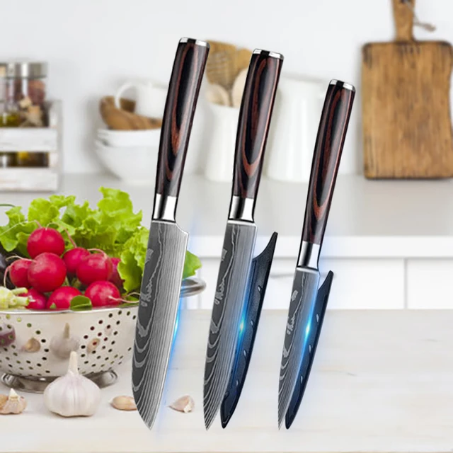 Zestaw 3 noży kuchennych ze stali nierdzewnej 7CR17 440C Laser Damascus Japanese Santoku Cleaver Slicing Utility Chef Knife