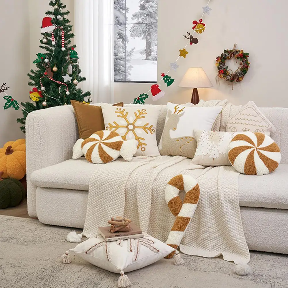 Embroidered Christmas Cushions Festive Candy Cane Shaped Christmas Pillow for Car Couch or Bed Holiday Decoration Photography