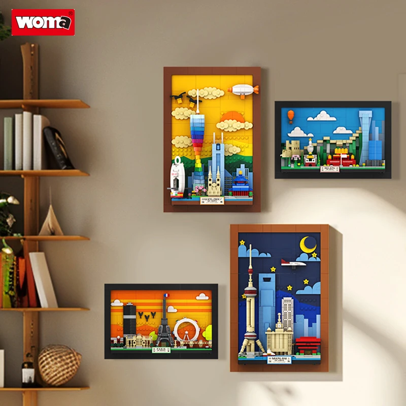 Woma Brand Building Blocks City Postcard Urban Landmark Building Murals Toys Art Hanging Picture Decoration Pieces Toy Gift Kid