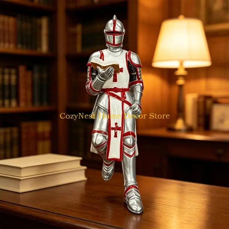92MF Resins Medieval Knight Statue with Open Book, Standing Reading Figurine with Helmet, Shoulder Plates, and Gauntlets for