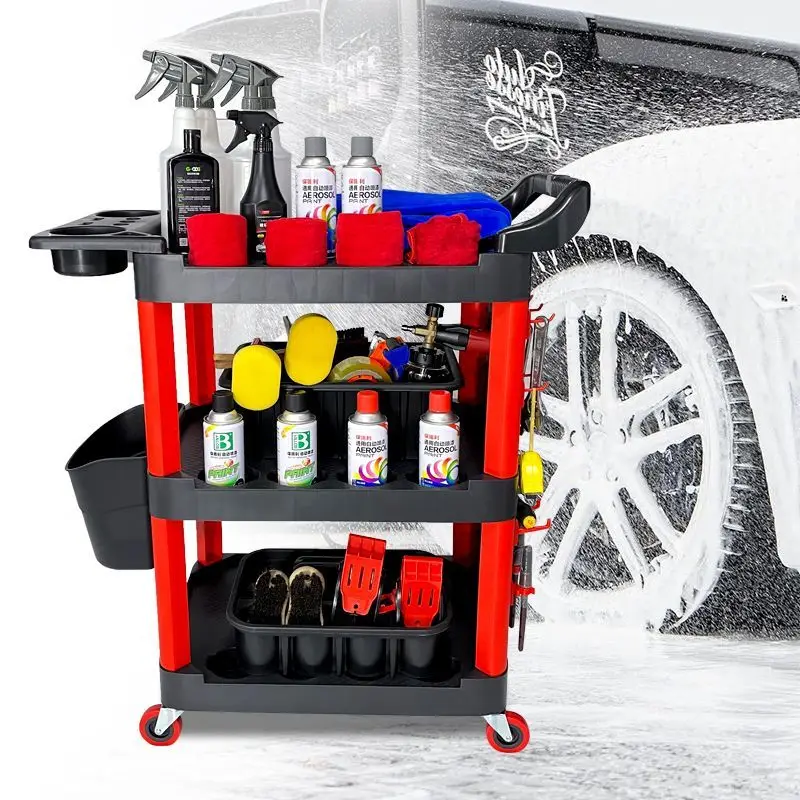 

Car beauty tools Car wash Thickened multifunctional three-layer trolley Plastic mobile storage Towel rack