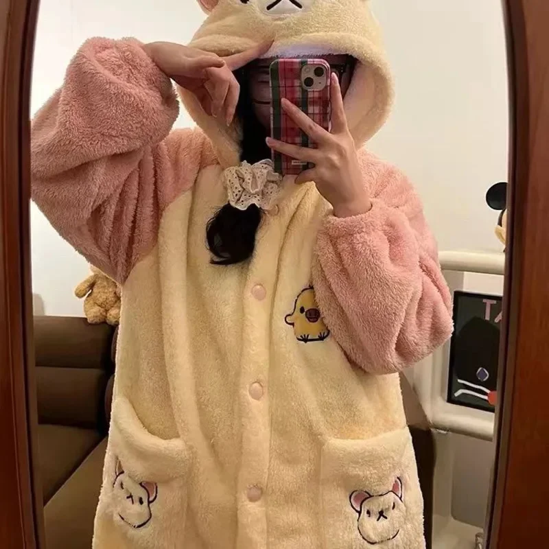 Cute Rilakkuma Pajama SetWinter Warm Fleece Hooded Pajamas Cartoon Plush Women\'s Loungewear Stylish Thickened Couple\'s Pajamas