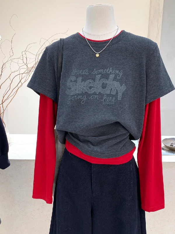 

plus Size Women's Long Sleeve T-Shirt Color Block Print De Base Shirt Top Fake Two-Piece Loose Fit Spring Casual Wear