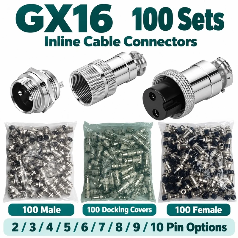 100 Sets GX16 Inline Aviation Connectors 2 3 4 5 6 7 8 9 10 Pin Male Female Cable Plug Socket Solder Wire Bulk Bag Pack Wiring
