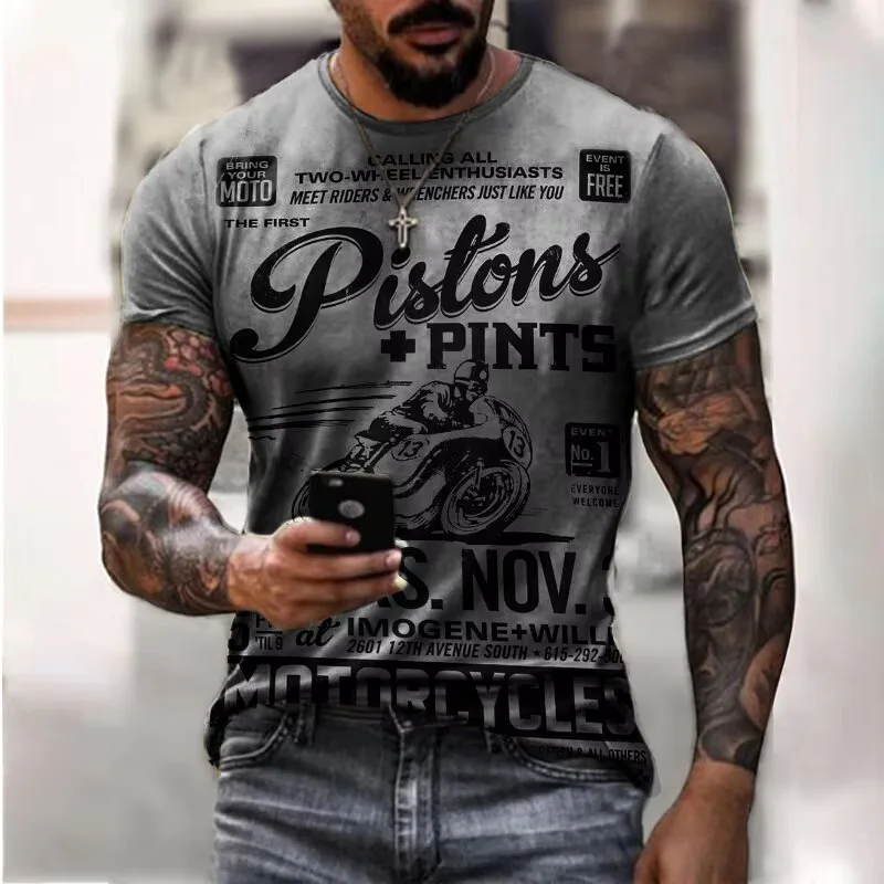 Vintage Biker T Shirts Men Pistons Pints Motorcycle Graphic Crew Neck Short Sleeve Casual Rider Tees