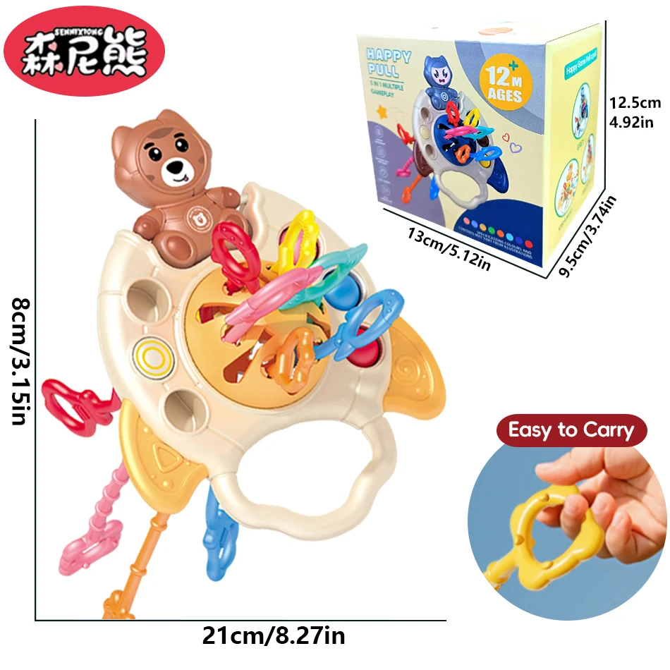 SENNIXIONG Baby Montessori Cute Bear Tiger Spaceman Teething Pull String Infant Sensory Silicone Rattles Toys For Toddler Gift