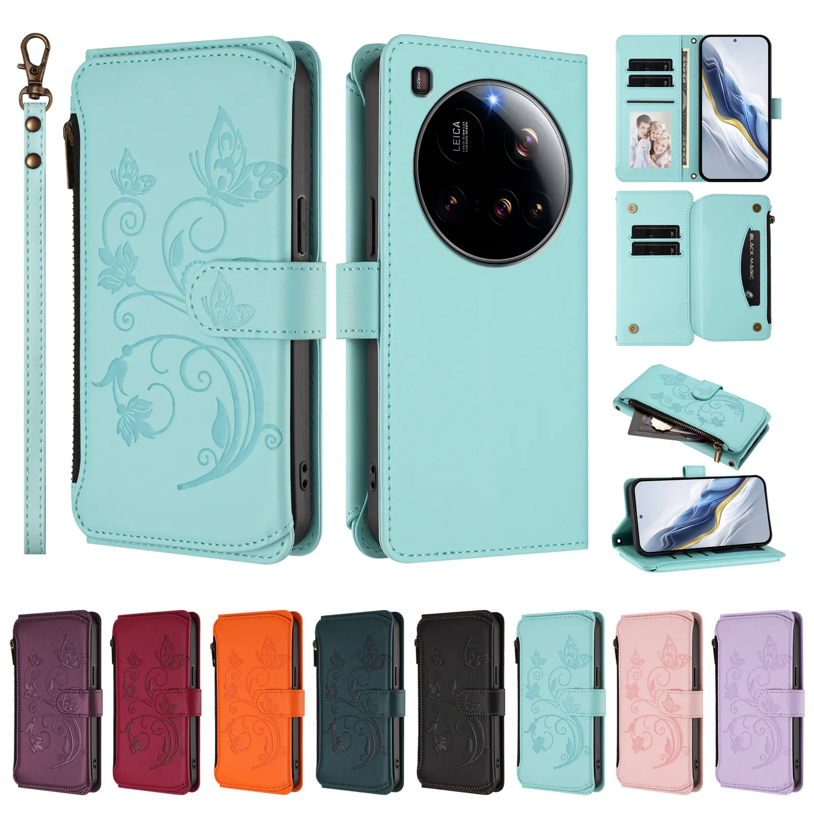 Casing Kulit Xiaomi 15 Ultra Motif Kupu-kupu Floral dengan Ritsleting, Penyangga, dan Tali Pergelangan Tangan - Hijau Mint