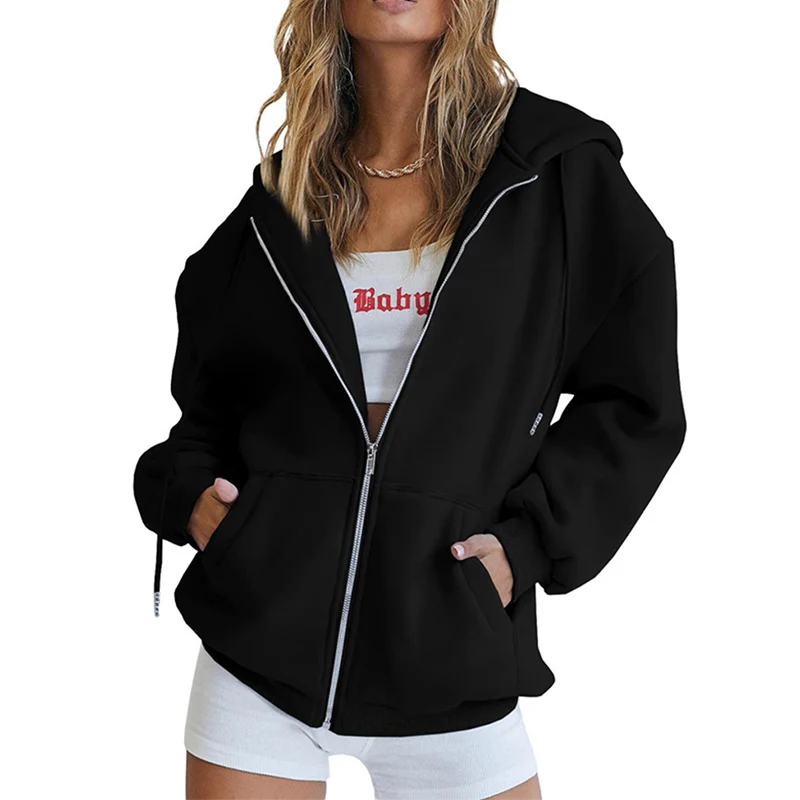 New Y2K Zip-Up Hoodies Woman American Retro Loose Sweatshirt Woman Autumn Winter 2025 Pocket Drawstring Versatile Sporty Jacket