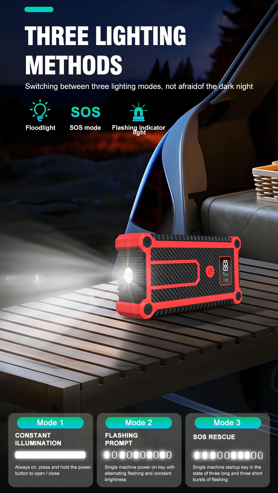 BELIBUY 7000A Auto-Starthilfe, Luftkompressor, 12000mAh Akku mit LED-Beleuchtungsfunktion, Geeignet für Alle 12V-Fahrzeuge. – Detail 3