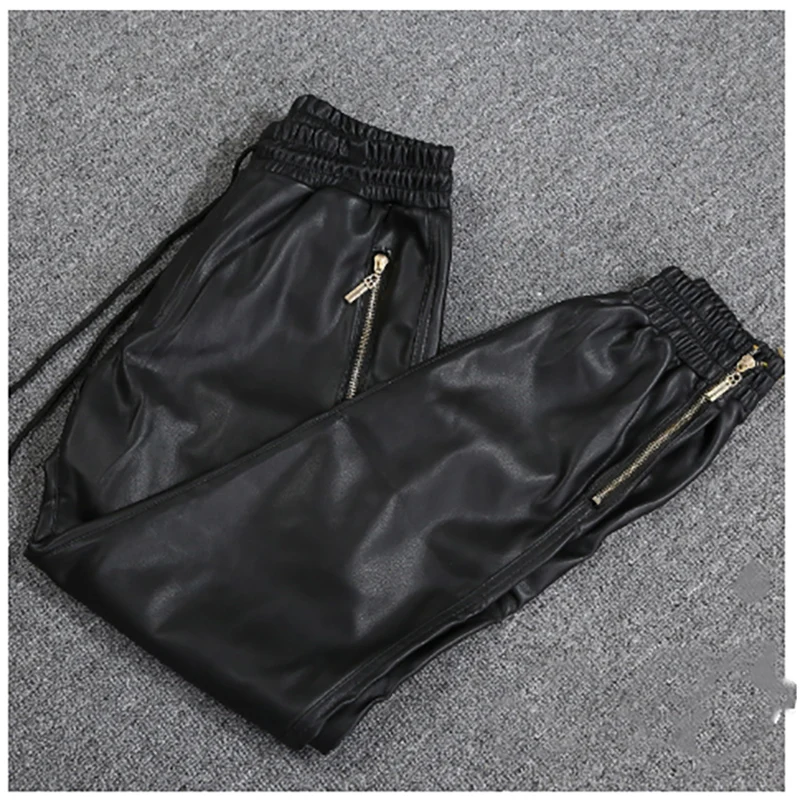 Black Harlan Leather Pants for Men, Korean Version of The Casual Fashion Slim Pilot Motorcycle Biker Tide Riding Leather Pants