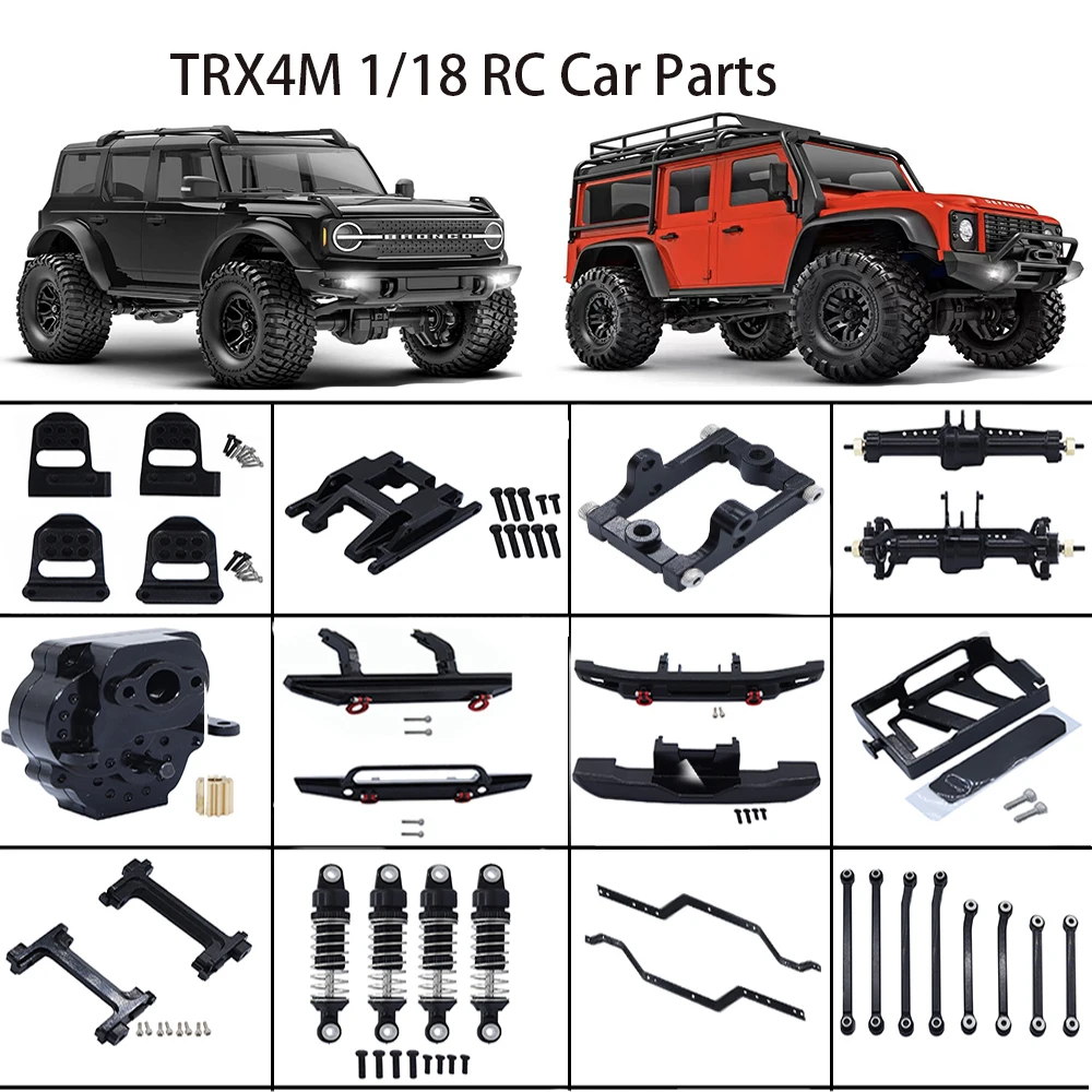 Metal Axle Shocks Absorbers Transmission Gearbox Bumper Servo Mounts Girder for 1/18 RC Crawler TRX4M Car Parts（Black）