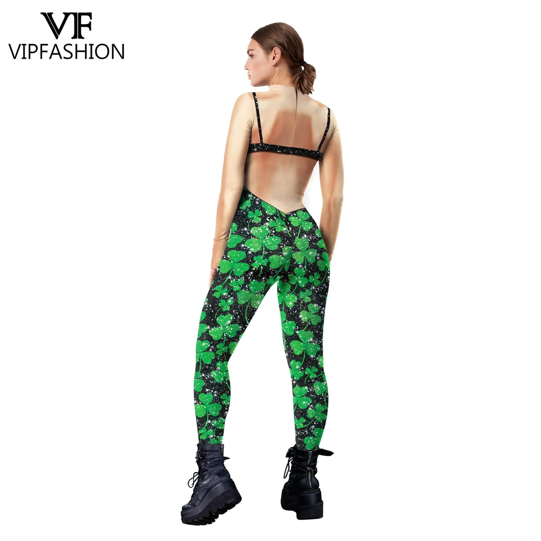 VIP FASHION Clover Printed Jumpsuit Women Lucky St. Patrick's Day Clothes Green Holiday Sexy Zentai Suit Long Sleeve Bodysuit