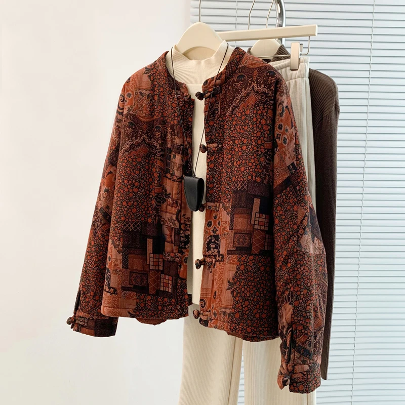 

Retro Chinese Sle Women's Cotton Jaet Winter New Large Size Loose Buttoned Cotton Warmth Lightweight Outerwear