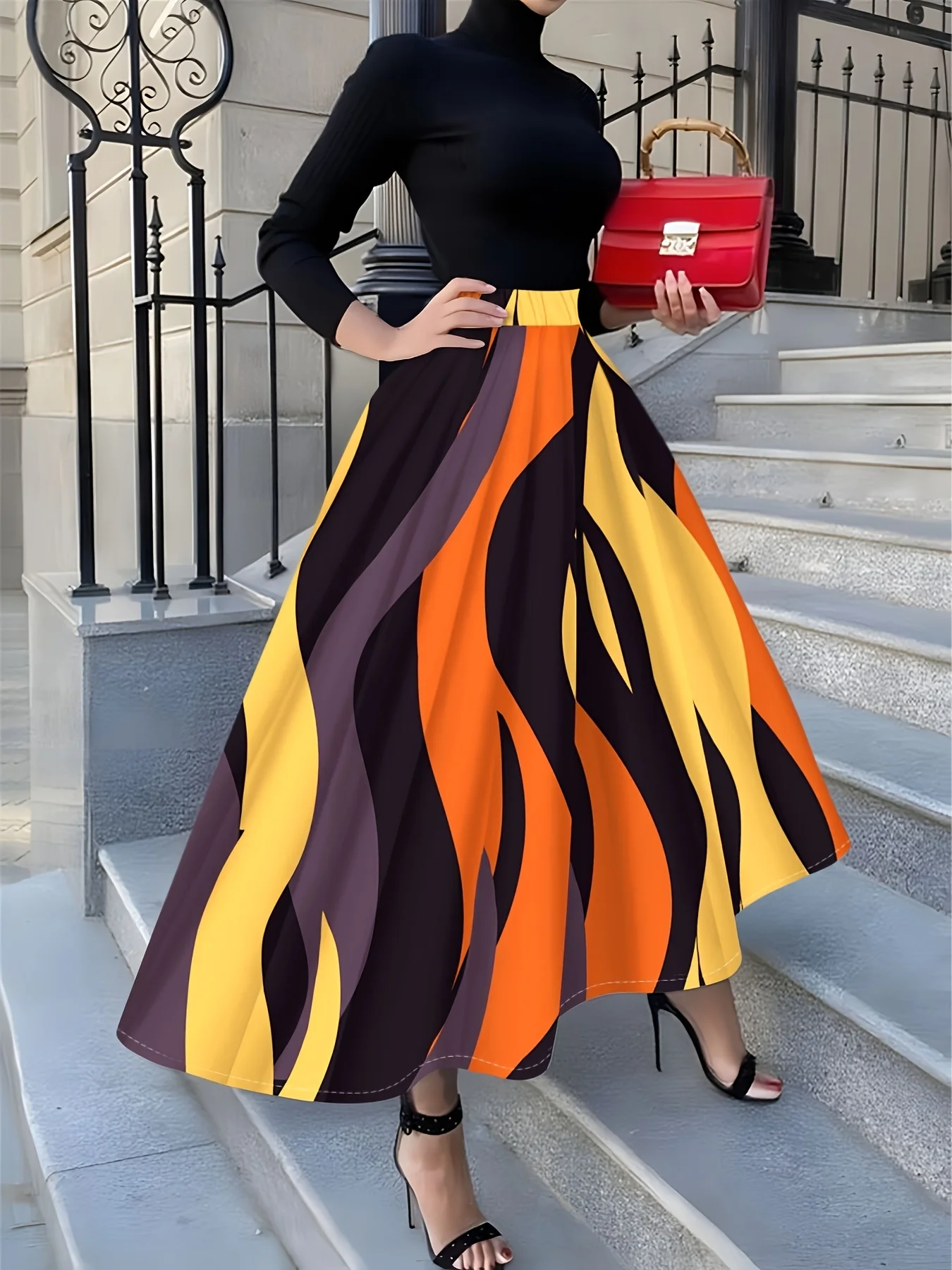 

Printed Design Four season flames inspire colorful striped pattern holiday style half skirt