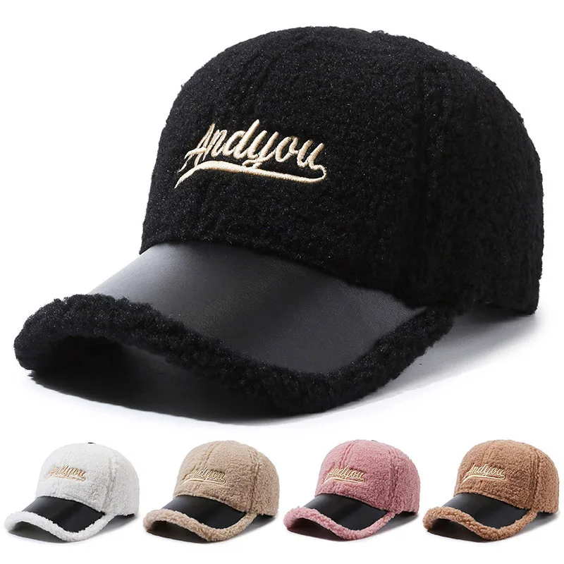 Men Women Lamb wool embroidery letter baseball cap Autumn Female Winter Warm Outdoors Fashion Snapback Adjustable Hat Casquette