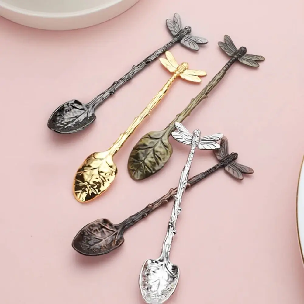 Stirring Spoon Twig Design Dragonfly Coffee Spoon Vintage Zinc Alloy Dessert Spoon Smooth Edges Teaspoon Cake