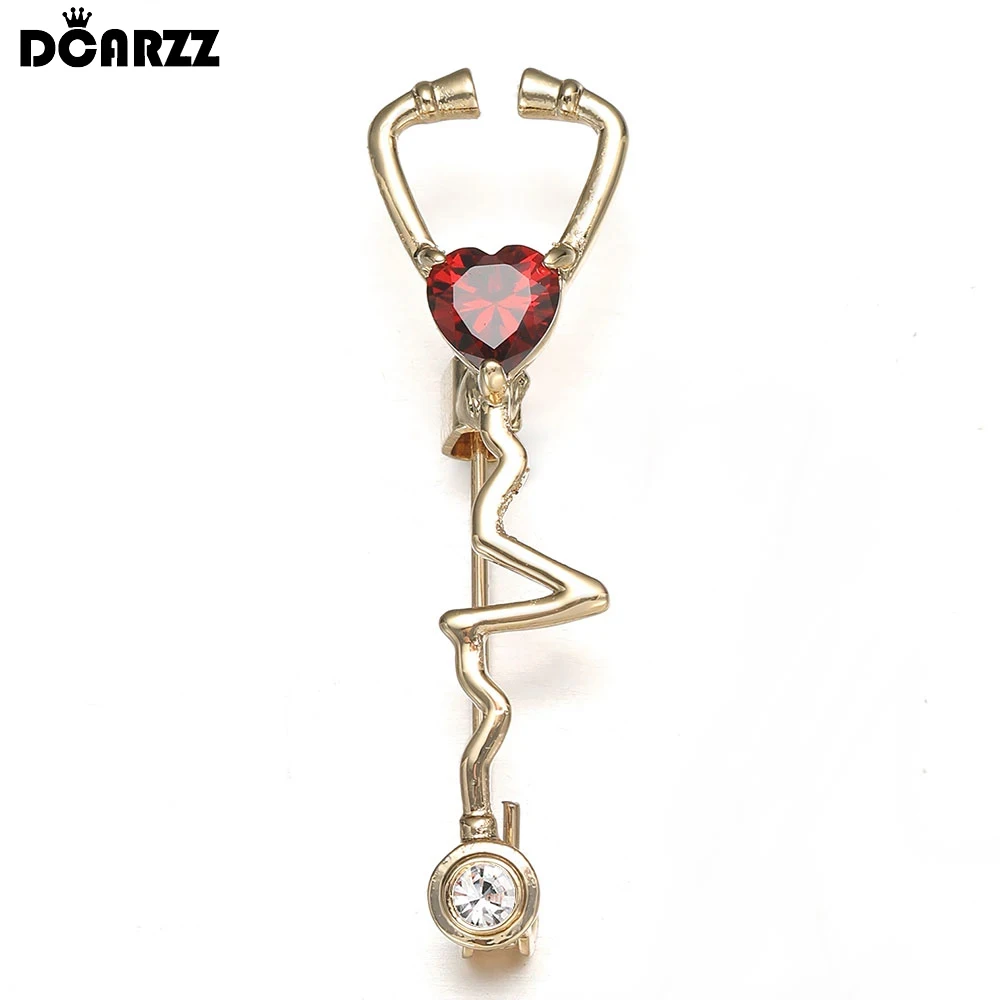 DCARZZ Stethoscope Pin Medical Brooches Vintage Jewelry Nurse Doctor Red Crystal Lapel Pins Women Gift