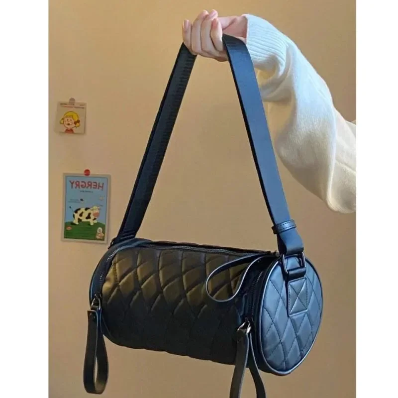 Rhombus Cylindrical for Women Black Leather Crossbody Fashion Bucket Bag Casual Shoulder Outdoor Sports Pillow Bag