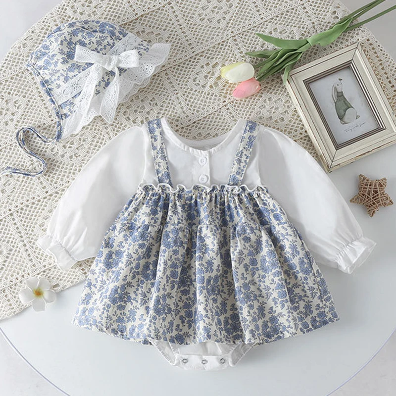 الخريف الطفل ارتداءها الأزهار الفتيات ملابس طويلة الأكمام الرضع قطعة واحدة مع قبعة طفلة رومبير فستان القطن ملابس الطفل