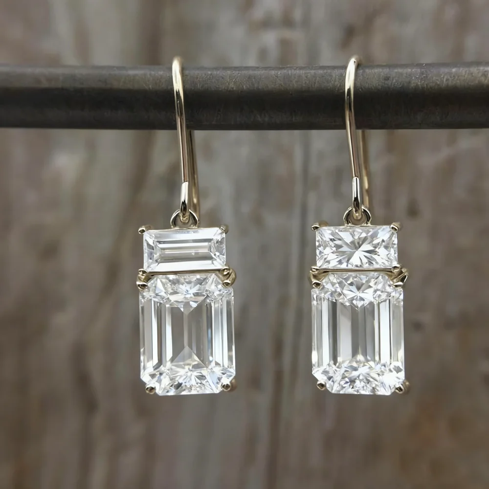 Vintage White Zircon Rectangle Dangle Drop Earrings For Women Gold Color Bridal Wedding Engagement Party Earring Jewelry