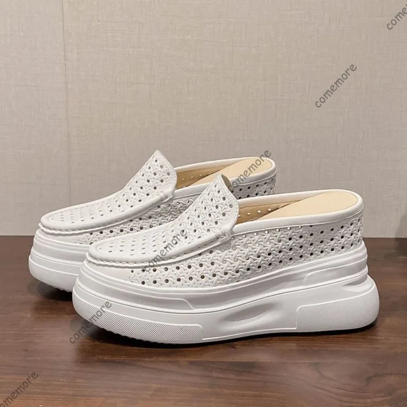 

Comemore новые удобные дышащие женские тапочки, увеличивающие рост, на танкетке, на высоком каблуке, верхняя одежда, белые полутапочки Baotou