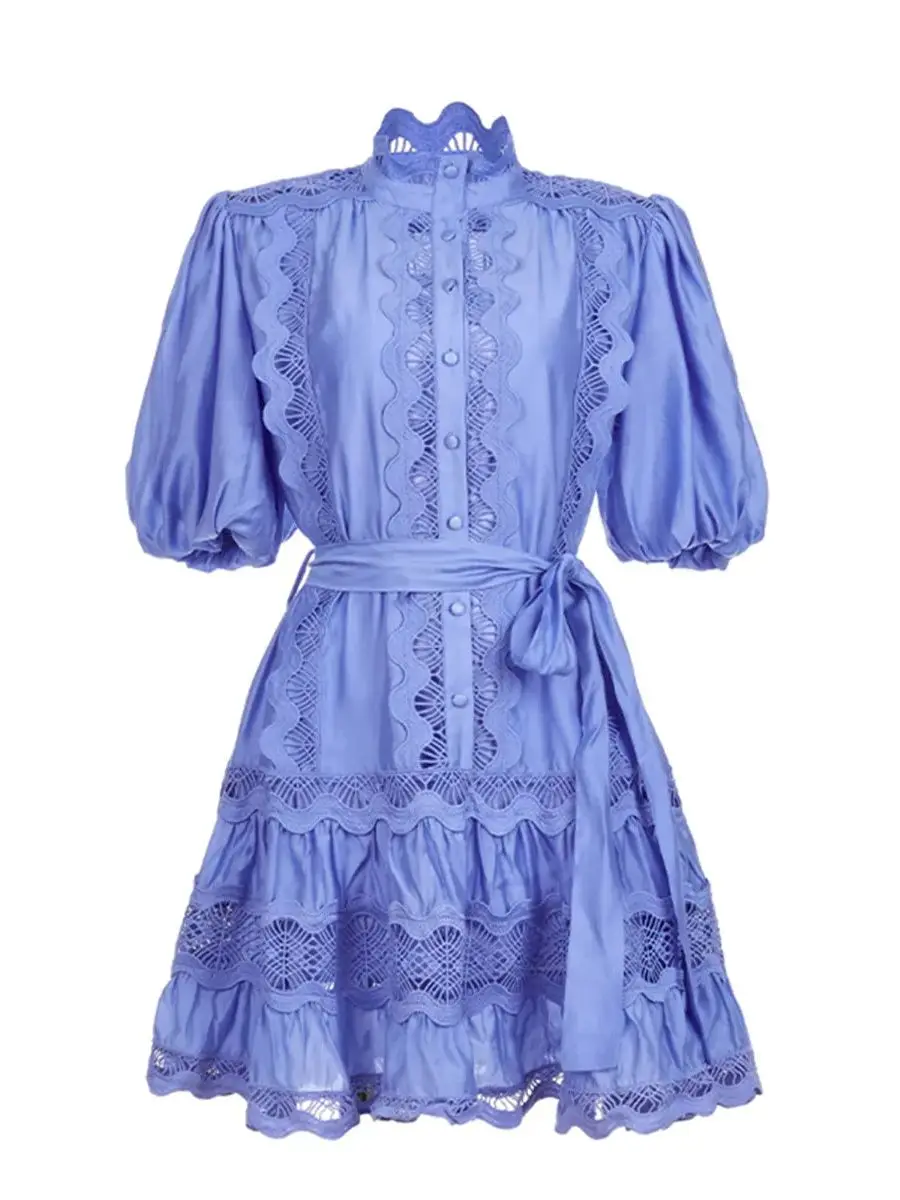 

Solid Lace Hollow out Splicing Short Dresses For Women Summer Stand collar Lantern Sleeve Lace-up Temperament Mini Dress Female